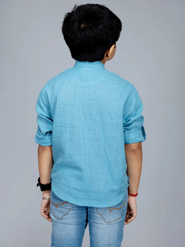 Sky Blue Slab Cotton Boys Short Kurta - WeaversIndia