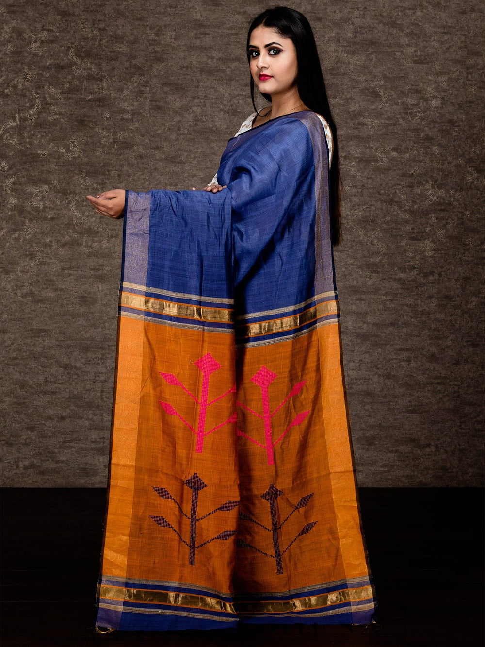 Slate Blue Par Anchal Viscose Tussar Silk Saree - WeaversIndia