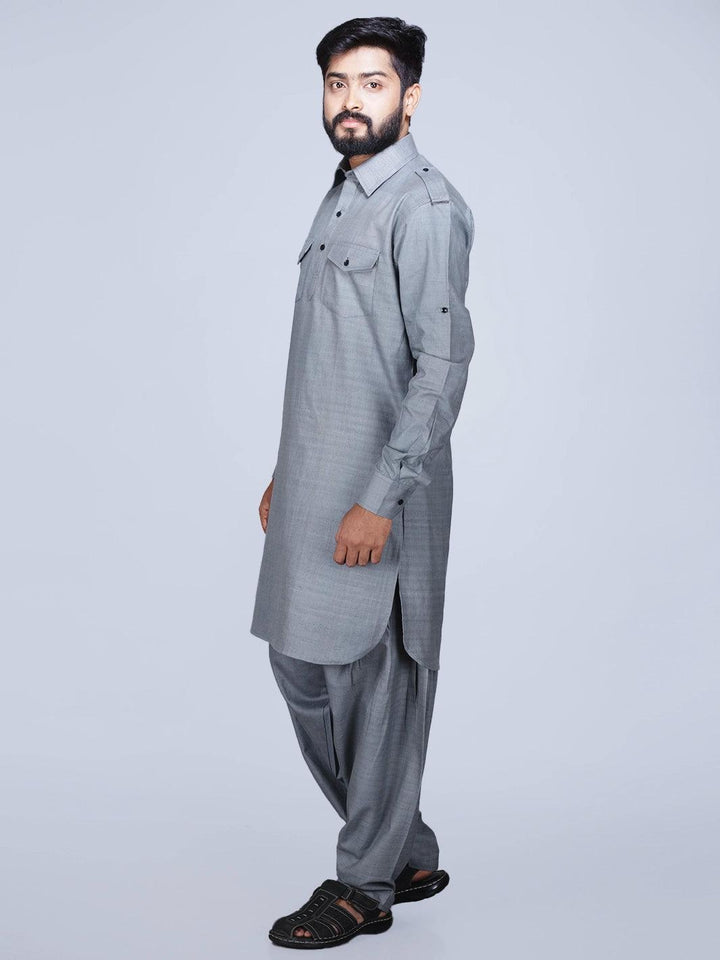 Slate Grey Organic Cotton Men Pathani Kurta Pajama Set - WeaversIndia