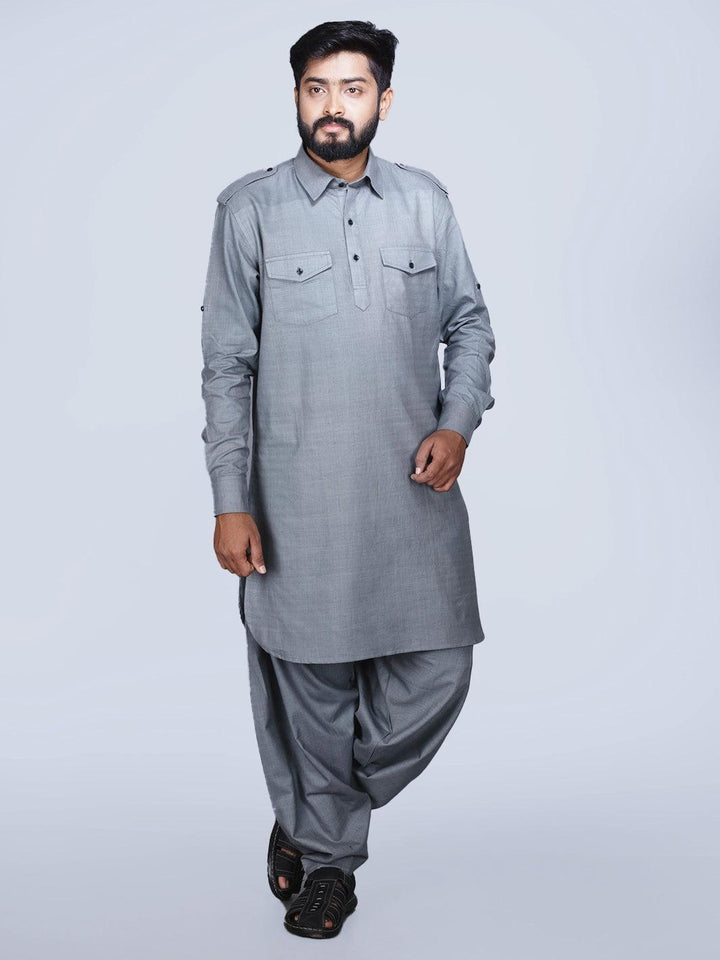 Slate Grey Organic Cotton Men Pathani Kurta Pajama Set - WeaversIndia