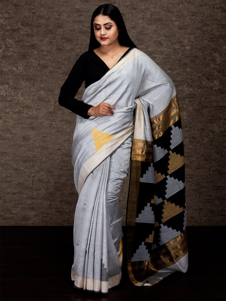 Still Color Woven Geometric Anchal Viscose Tussar Silk Saree - WeaversIndia