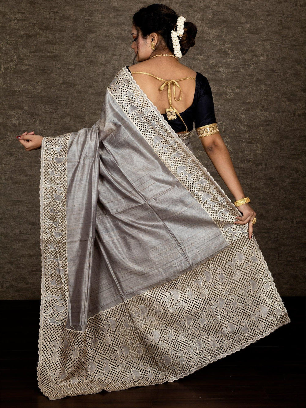 Still Grey Embroidered Cutwork Tussar Silk Saree - WeaversIndia
