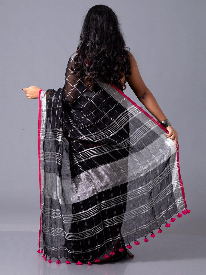 Stylish Black Check Linen Saree - WeaversIndia