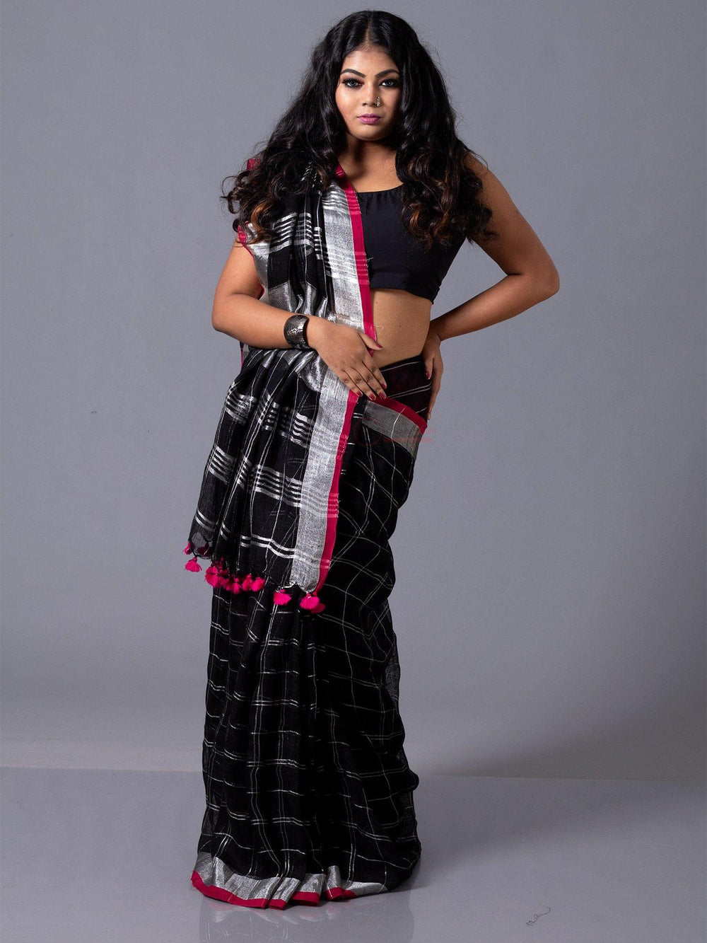 Stylish Black Check Linen Saree - WeaversIndia