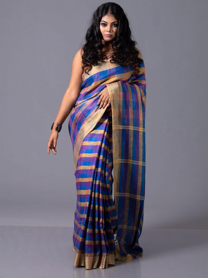 Stylish Multi Color Stripe Linen Saree - WeaversIndia