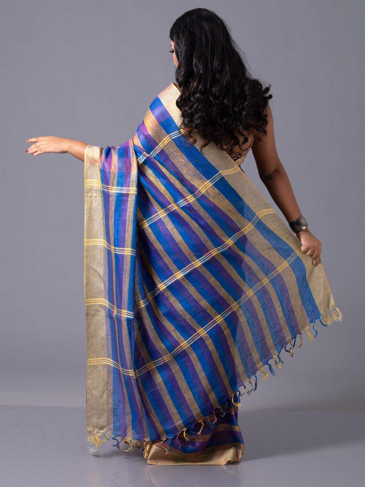 Stylish Multi Color Stripe Linen Saree - WeaversIndia