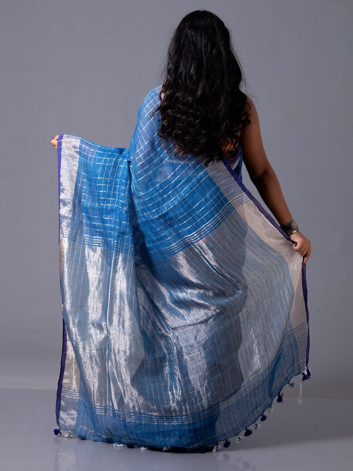 Stylish True Blue Allover Check Linen Saree - WeaversIndia