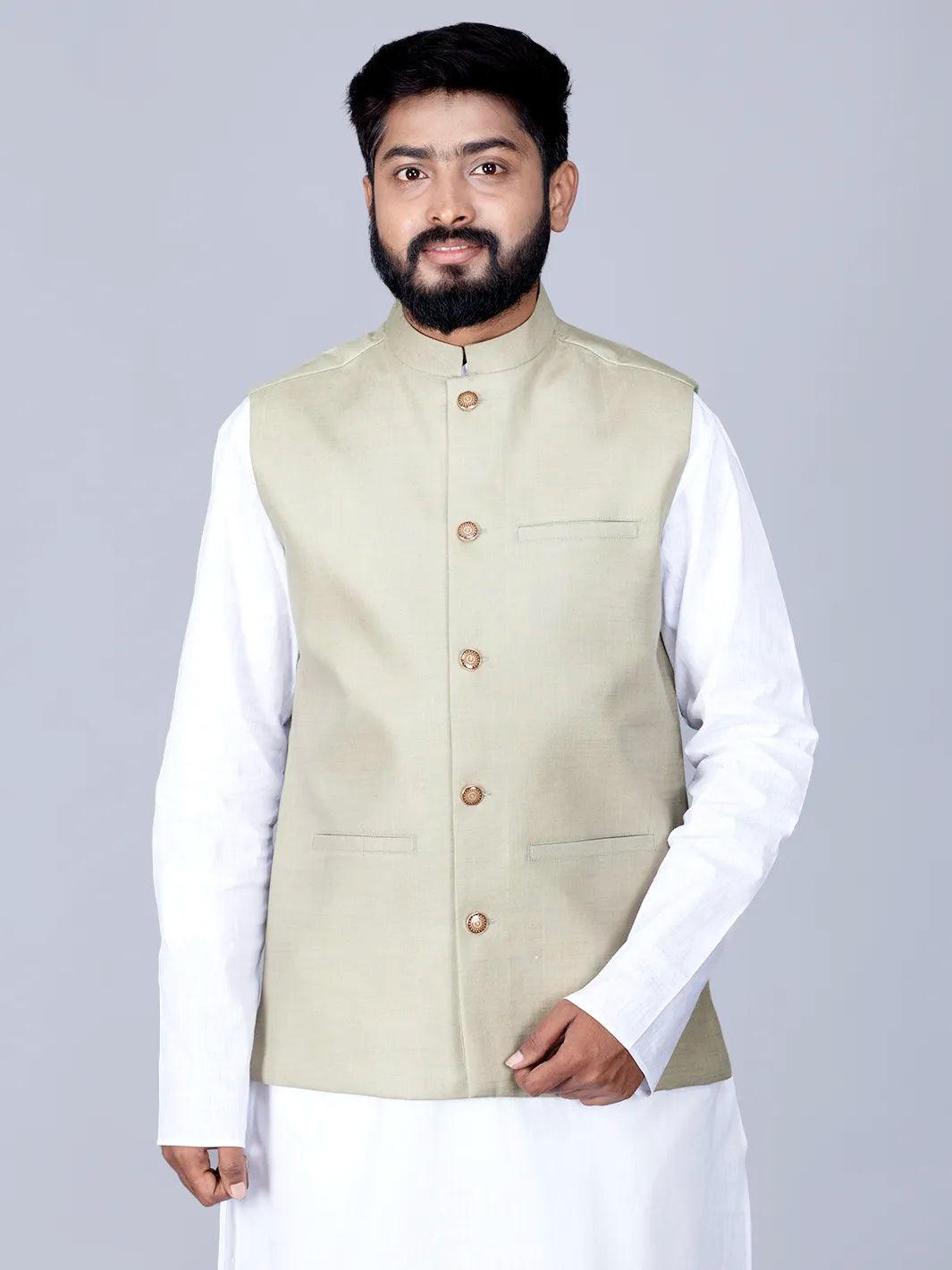 Tea Green Handwoven Cotton Modi Jacket - WeaversIndia