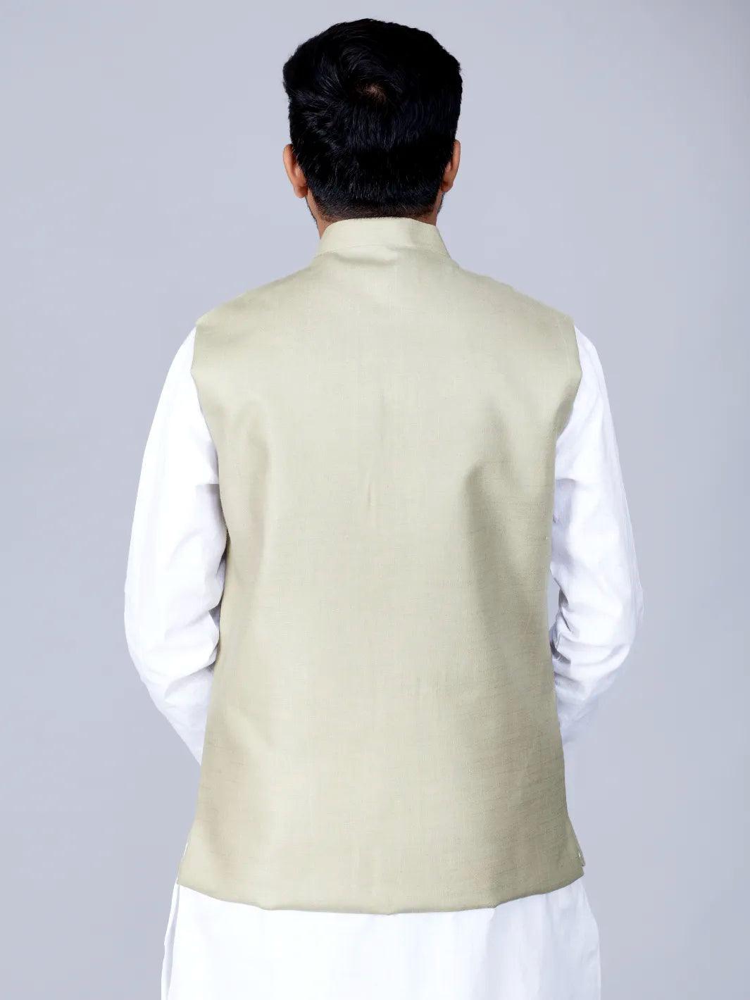Tea Green Handwoven Cotton Modi Jacket - WeaversIndia