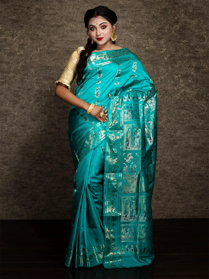 Tiffany Blue Traditional Minakari Swarnachari Silk Saree - WeaversIndia