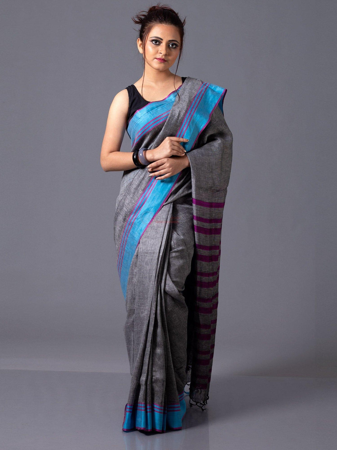 Trendy Black Coral Par Anchal Linen Saree - WeaversIndia
