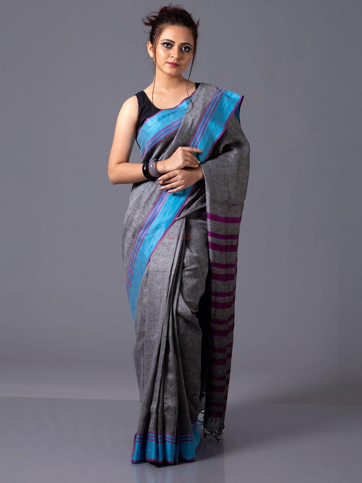 Trendy Black Coral Par Anchal Linen Saree - WeaversIndia