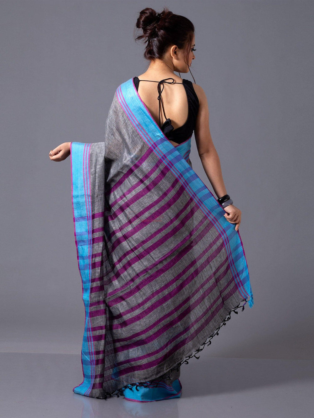 Trendy Black Coral Par Anchal Linen Saree - WeaversIndia