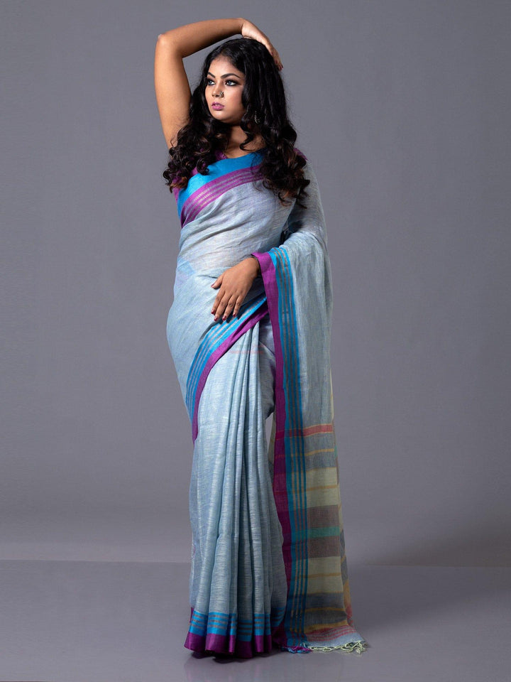 Trendy Powder Blue Par Anchal Linen Saree - WeaversIndia