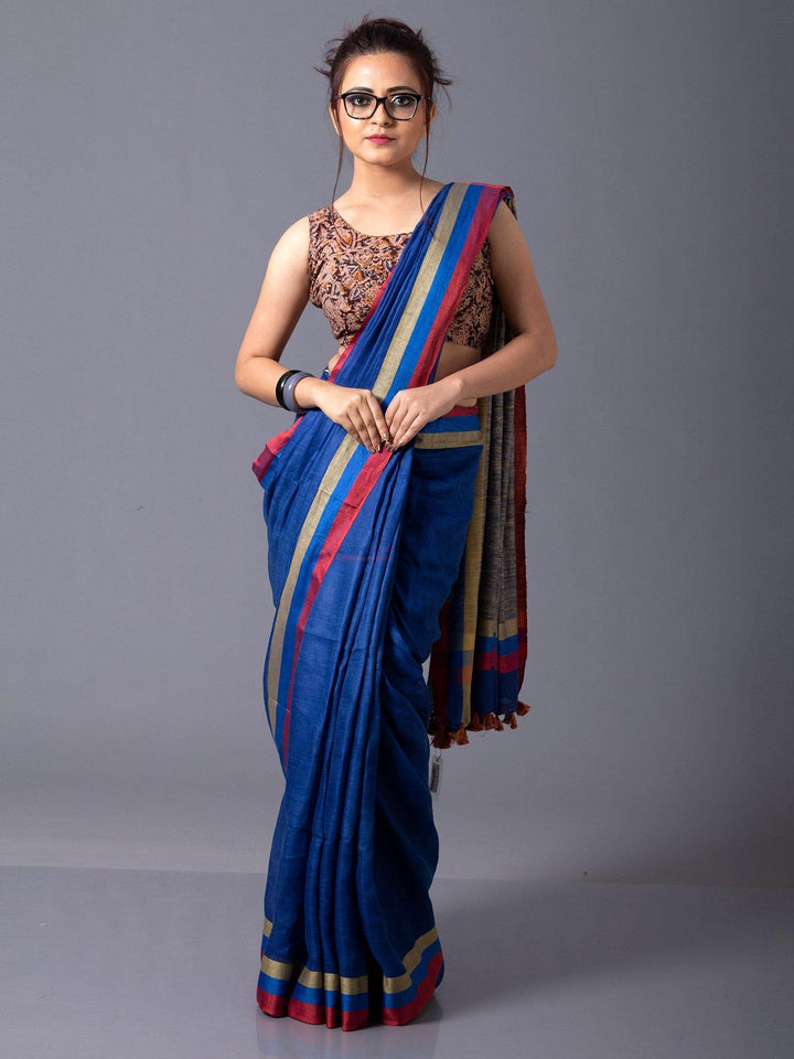 Trendy Sapphire Blue Par Anchal Linen Saree - WeaversIndia