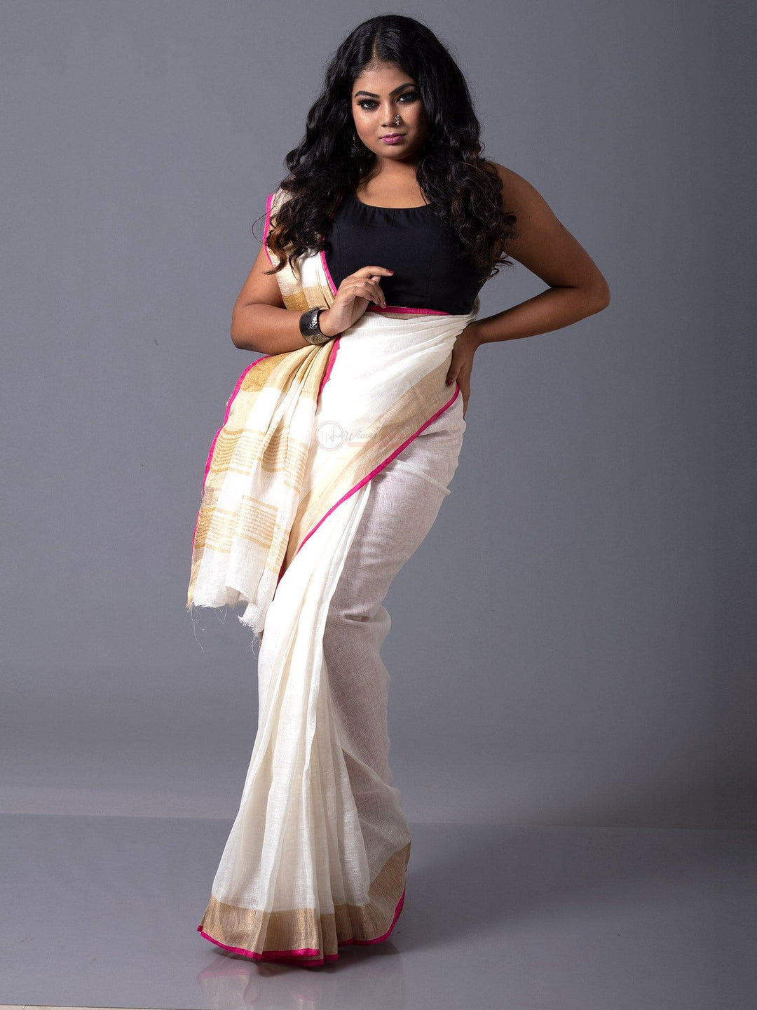 Trendy White Par Anchal Linen Saree - WeaversIndia
