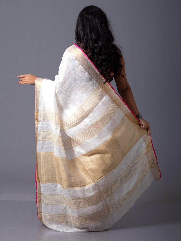 Trendy White Par Anchal Linen Saree - WeaversIndia