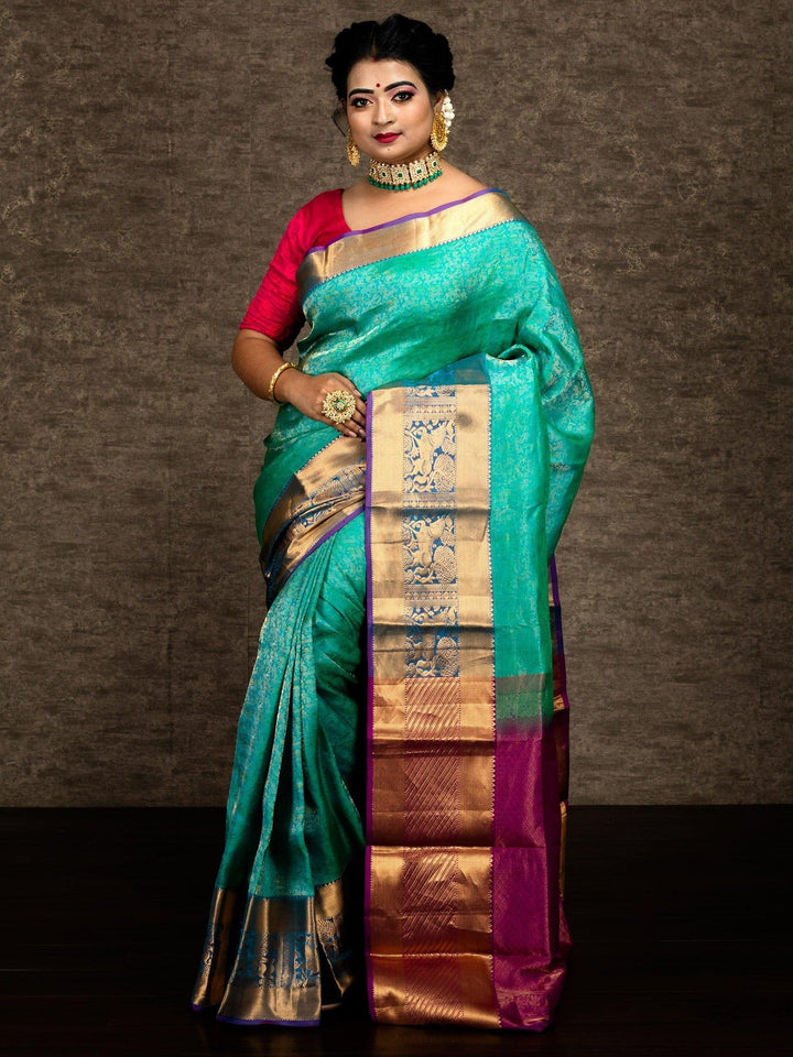 Turquoise Bridal Kanchipuram Silk Saree - WeaversIndia