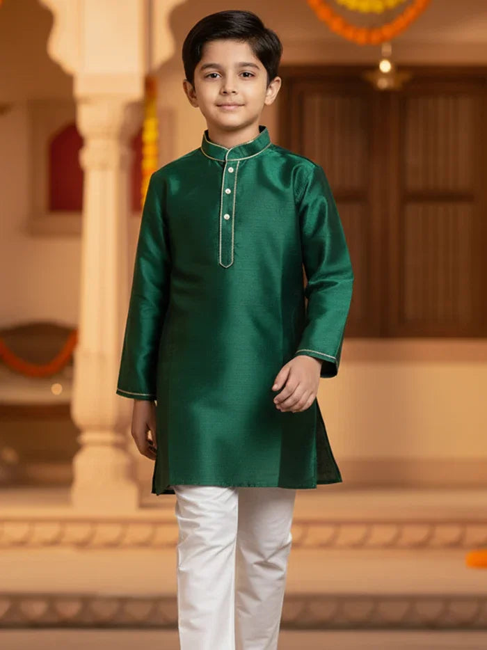 Forrest Green Bishnupuri Silk Boys Long Kurta - WeaversIndia