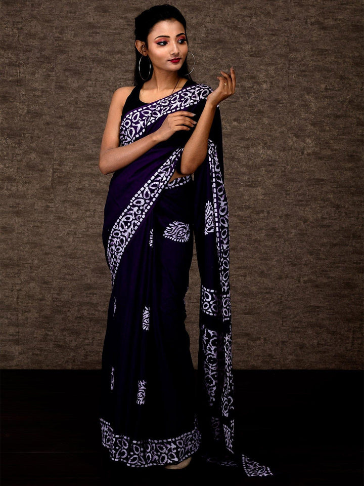 Violet Color Block Batik Printed Malmal Cotton Saree - WeaversIndia