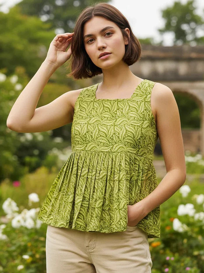 Green Yellow Printed Handwoven Cotton Top - WeaversIndia
