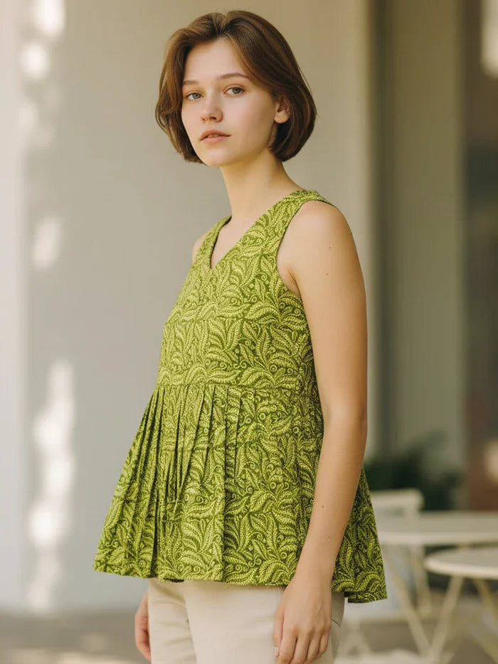Green Yellow Printed Handwoven Cotton Top - WeaversIndia