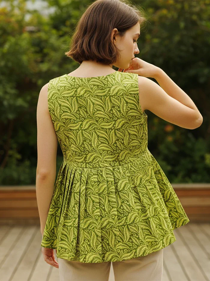 Green Yellow Printed Handwoven Cotton Top - WeaversIndia