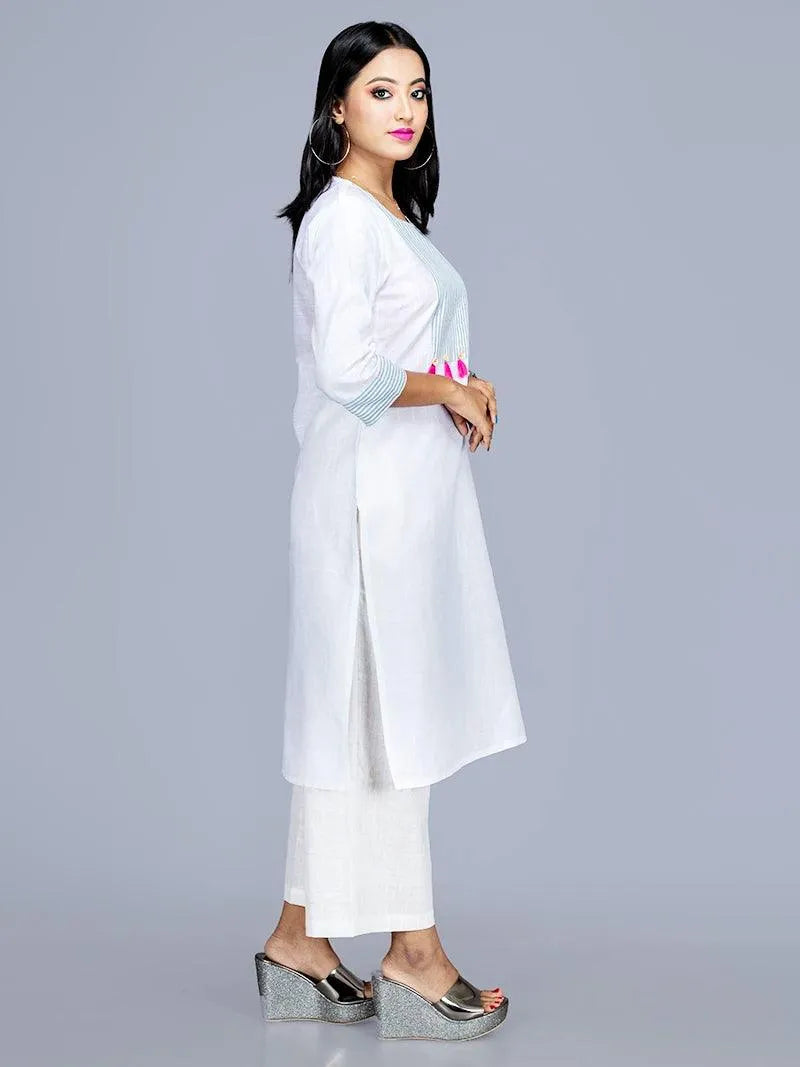 Viscose Cotton Slab White Long Kurta - WeaversIndia