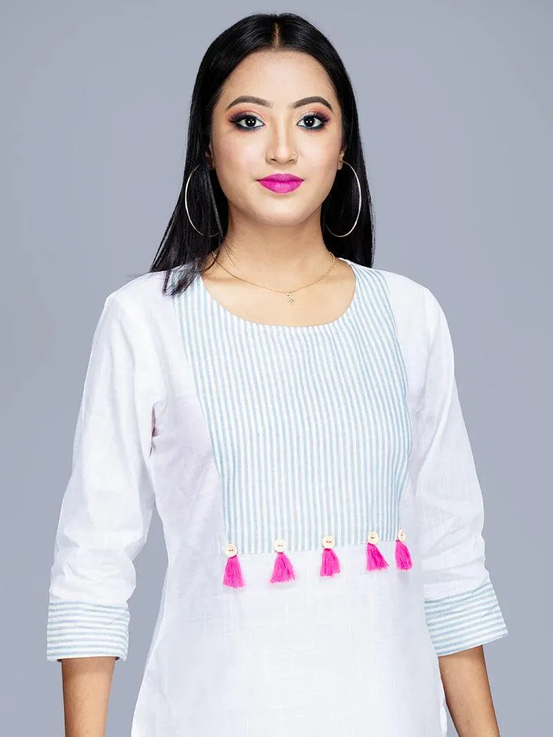 Viscose Cotton Slab White Long Kurta - WeaversIndia