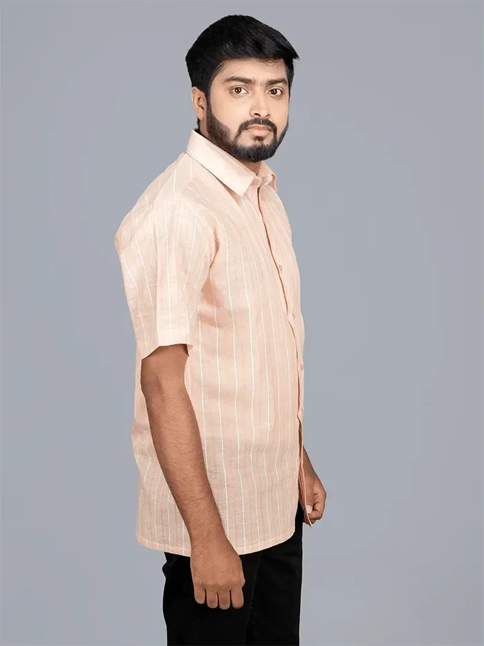 Pink Handwoven Organic Cotton striped Fitted Men Shirt - WeaversIndia