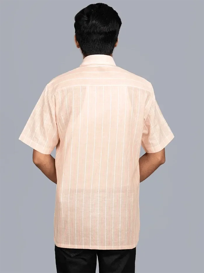 Pink Handwoven Organic Cotton striped Fitted Men Shirt - WeaversIndia