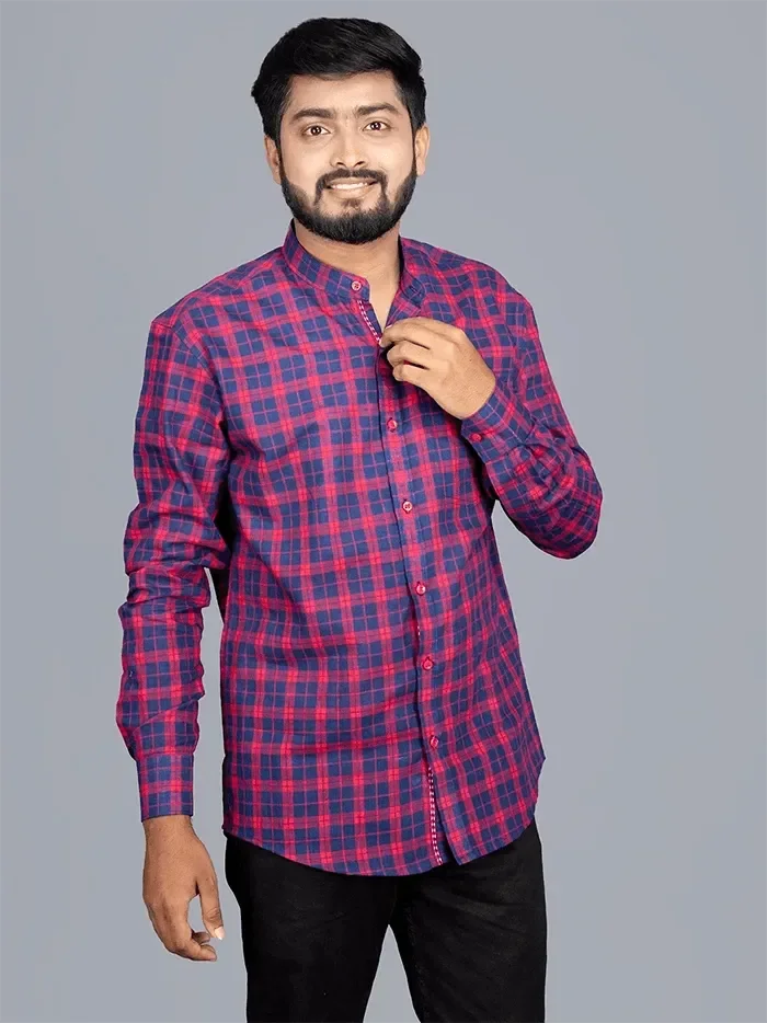 Red Handwoven Organic Cotton Checks Fitted Men Shirt - WeaversIndia