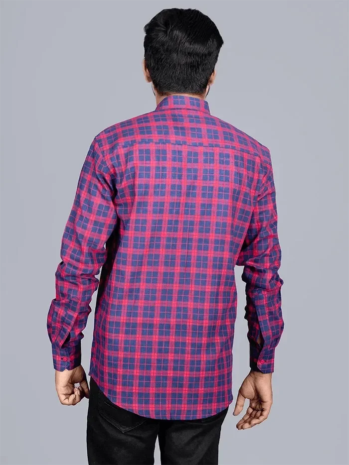 Red Handwoven Organic Cotton Checks Fitted Men Shirt - WeaversIndia