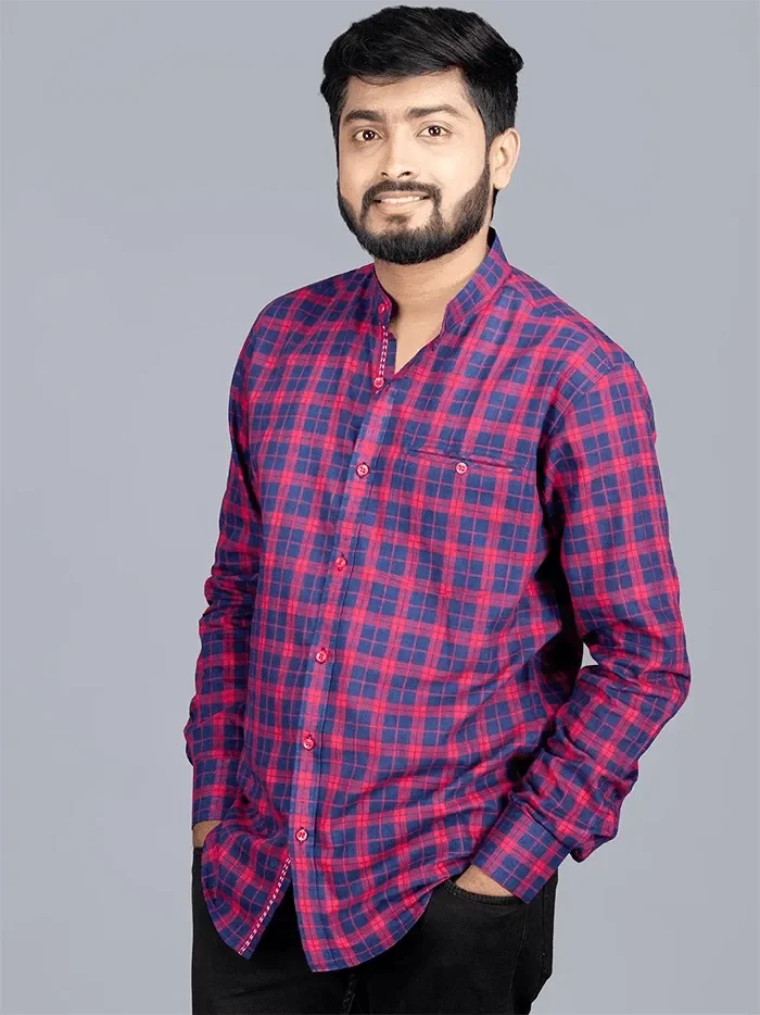 Red Handwoven Organic Cotton Checks Fitted Men Shirt - WeaversIndia