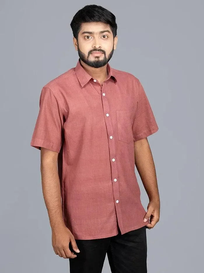 Rust Handwoven Organic Cotton Formal Men Shirt - WeaversIndia