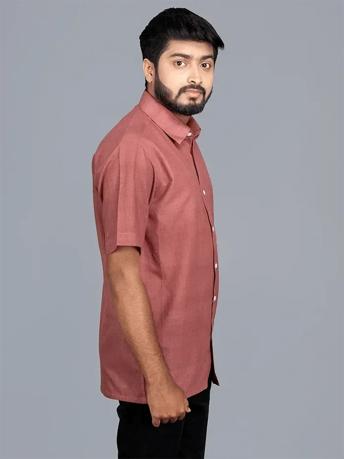 Rust Handwoven Organic Cotton Formal Men Shirt - WeaversIndia