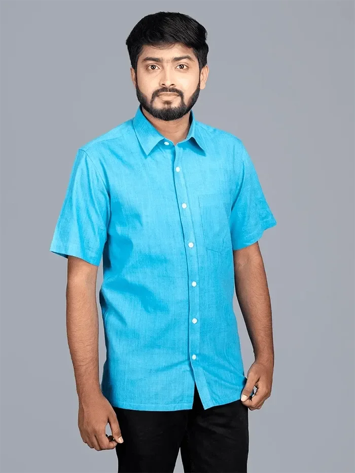 Sky Blue Handwoven Organic Cotton Formal Men Shirt - WeaversIndia