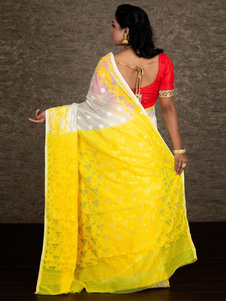 White & Yellow Par Anchal Soft Dhakai Jamdani Saree - WeaversIndia