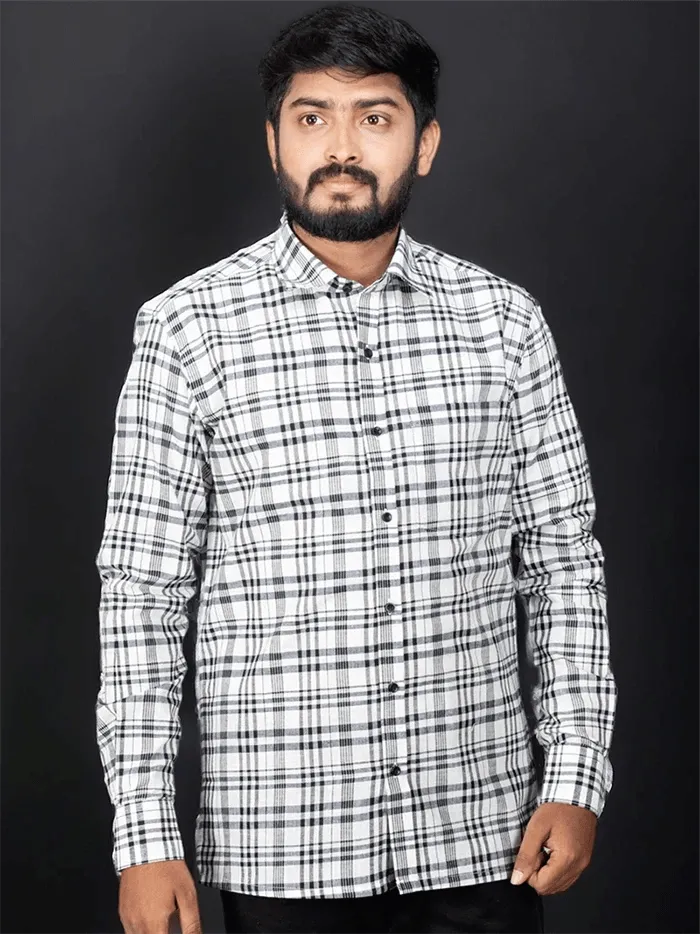 White Black Handwoven Organic Cotton Checks Fitted Men Shirt - WeaversIndia