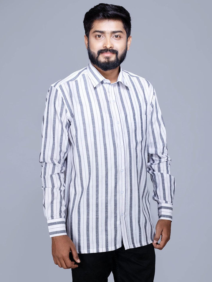 White Black Striped Handwoven Cotton Men Full Sleeves Shirt - WeaversIndia
