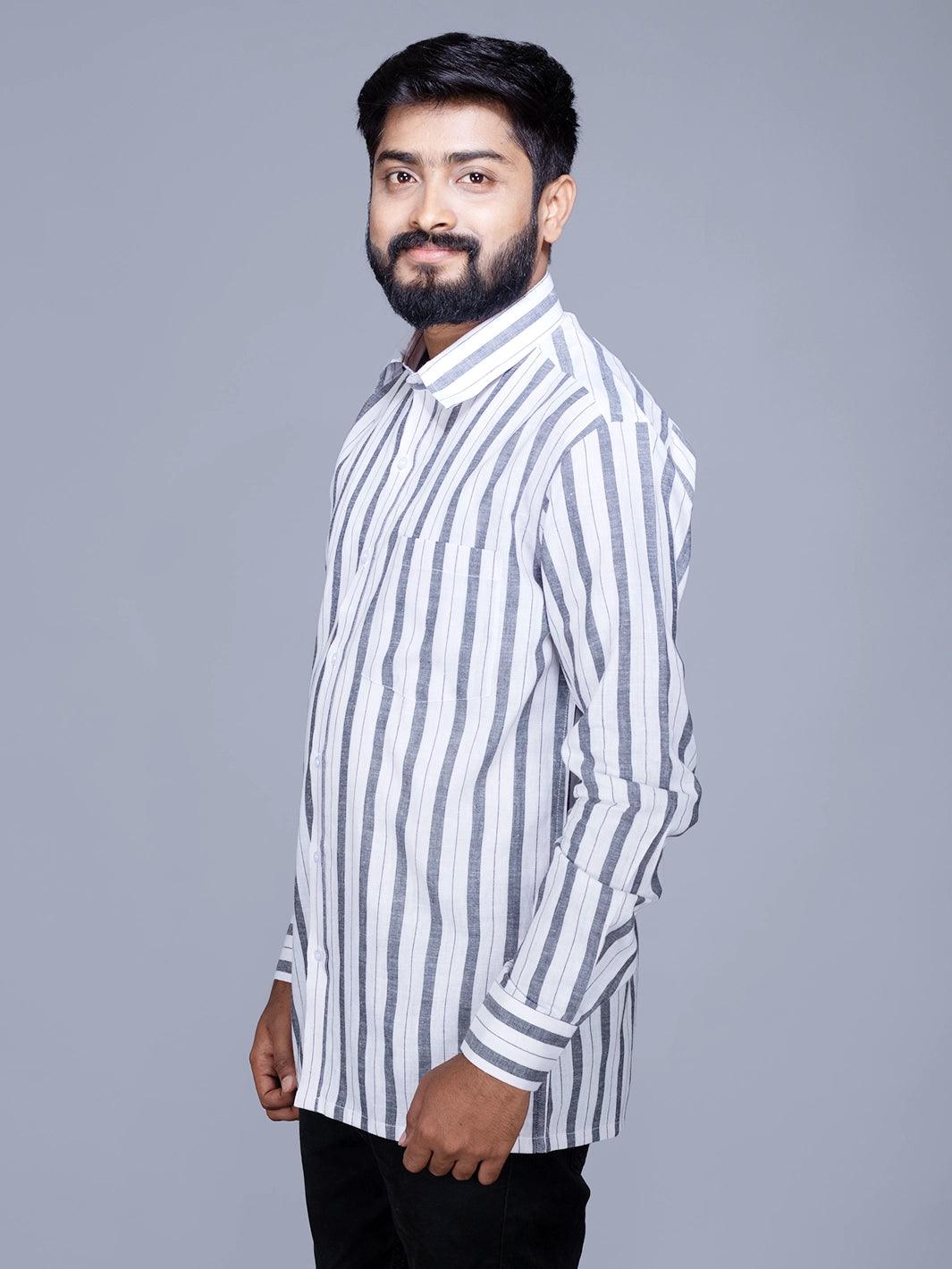 White Black Striped Handwoven Cotton Men Full Sleeves Shirt - WeaversIndia