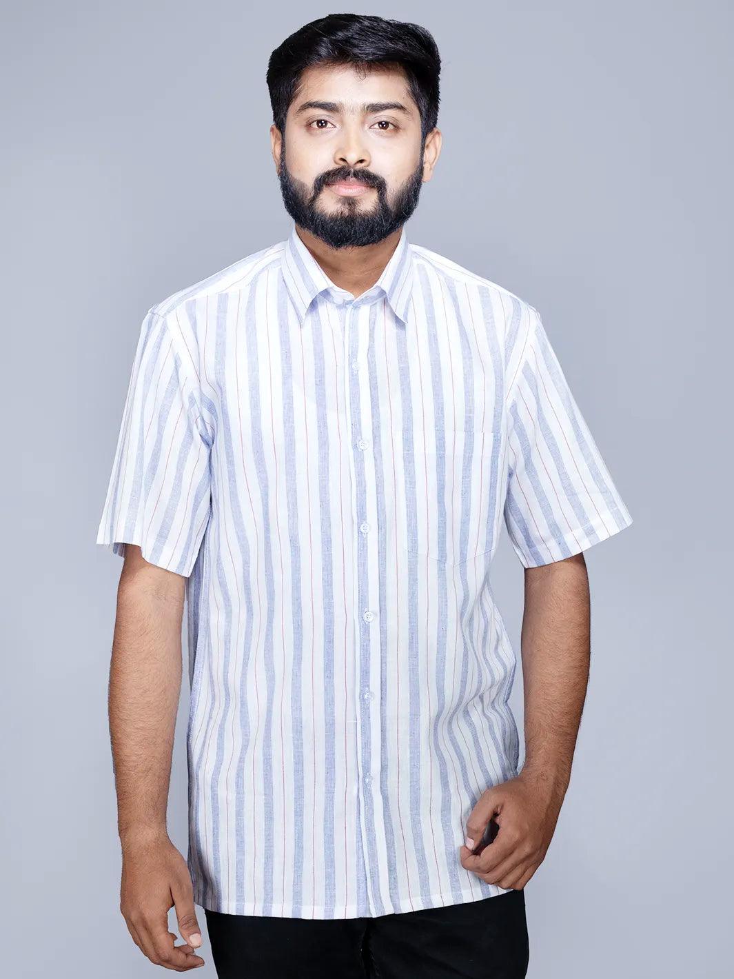 White Blue Handwoven Organic Cotton Striped Men Shirt - WeaversIndia