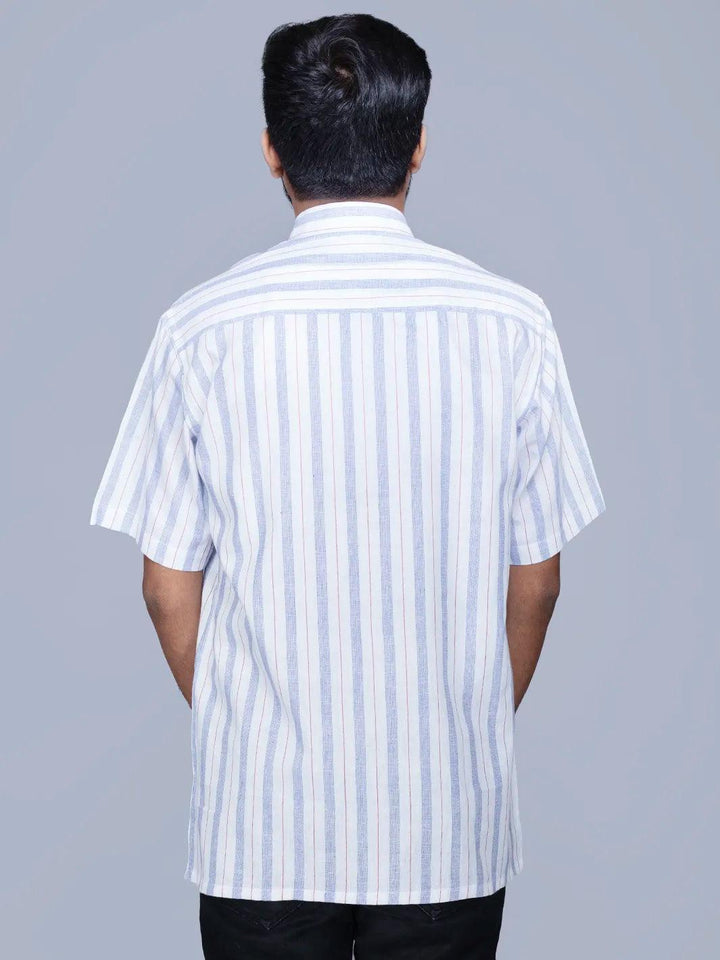 White Blue Handwoven Organic Cotton Striped Men Shirt - WeaversIndia
