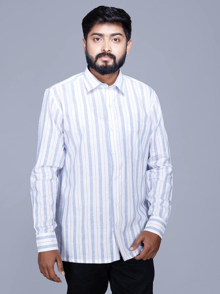 White Blue Striped Handwoven Cotton Men Full Sleeves Shirt - WeaversIndia