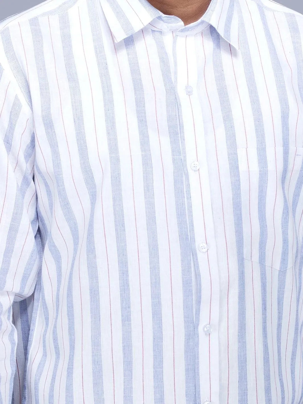 White Blue Striped Handwoven Cotton Men Full Sleeves Shirt - WeaversIndia