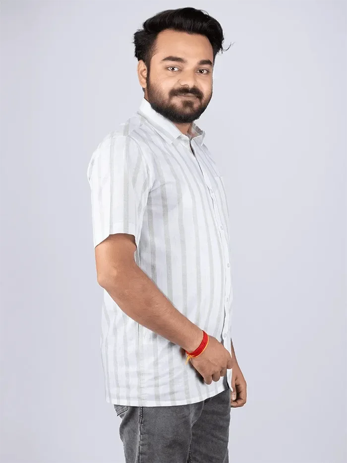 White Green Handwoven Organic Cotton Striped Men Shirt - WeaversIndia