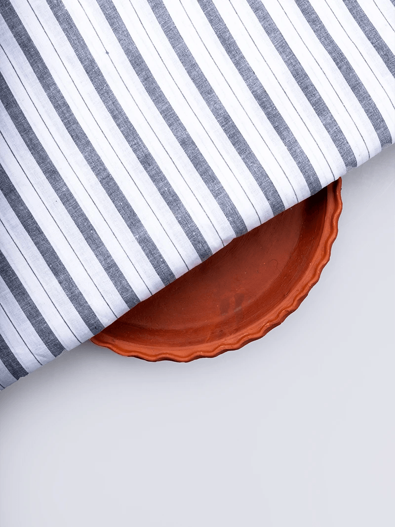 White Grey Striped Handwoven Organic Cotton Fabric - WeaversIndia