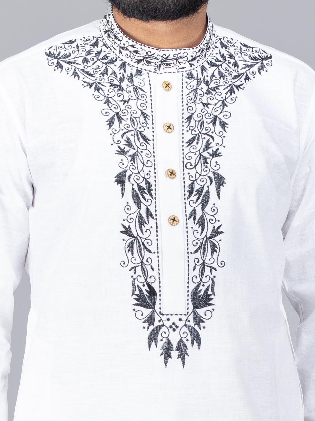 White Handwoven Organic Cotton Embroidered Men Kurta - WeaversIndia