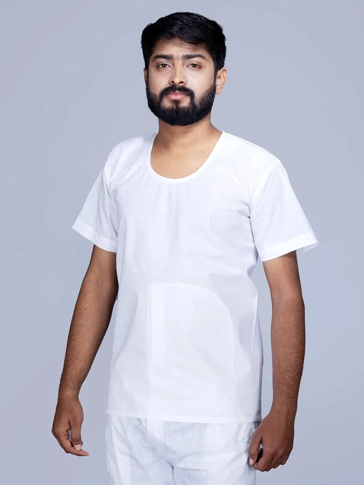 White Organic Cotton Half Sleeves Baniyan - WeaversIndia