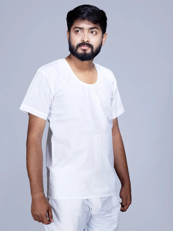White Organic Cotton Half Sleeves Baniyan - WeaversIndia